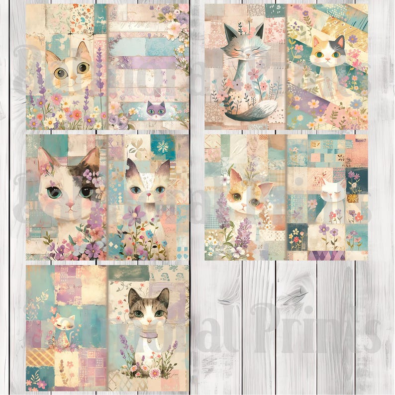 Patchwork Cats - Journal Paper Set, Junk Journal Pages, Flower, Journal Paper, Printable Journal, Scrapbook Paper, Digital Paper