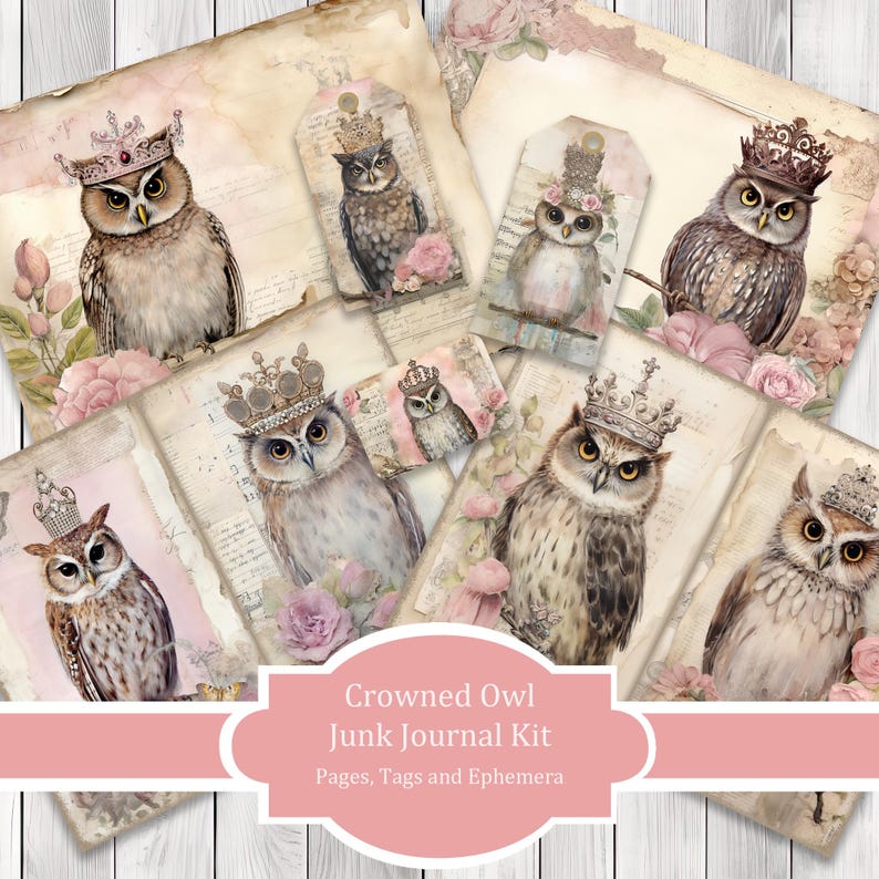Crowned Owls - Junk Journal Kit, Journal Pages, Papers, Ephemera, Tags, Printable, Scrapbook Kit, Digital Download