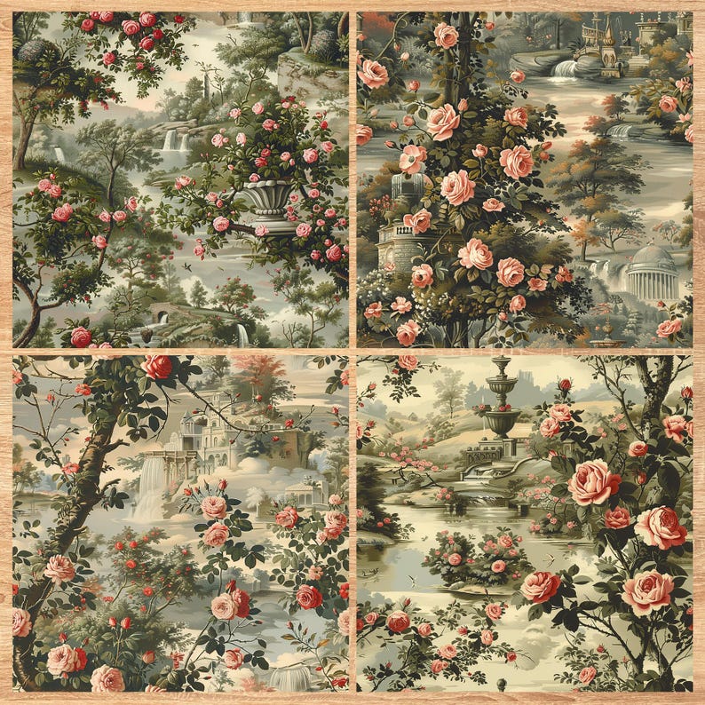 Rose Garden Toile - Seamless Pattern - Digital Paper - Printable Journal, Scrapbook Paper, Seamless