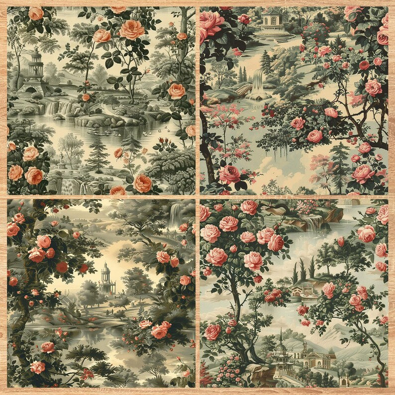 Rose Garden Toile - Seamless Pattern - Digital Paper - Printable Journal, Scrapbook Paper, Seamless