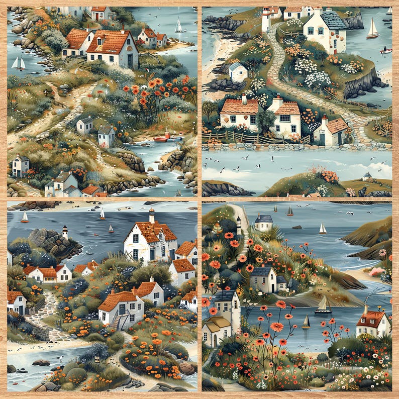 Coastal Village - Seamless Pattern - Digital Paper - Printable Journal, Scrapbook Paper, Seamless