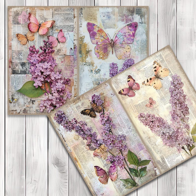 Butterflies and Lilac - Journal Paper Set, Junk Journal Pages, Flower Journal Paper, Printable Journal, Scrapbook Paper, Digital Paper