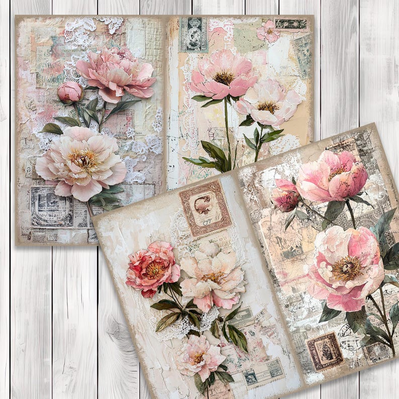 Peonies and Lace - Journal Paper Set, Junk Journal Pages, Flower Journal Paper, Printable Journal, Scrapbook Paper, Digital Paper