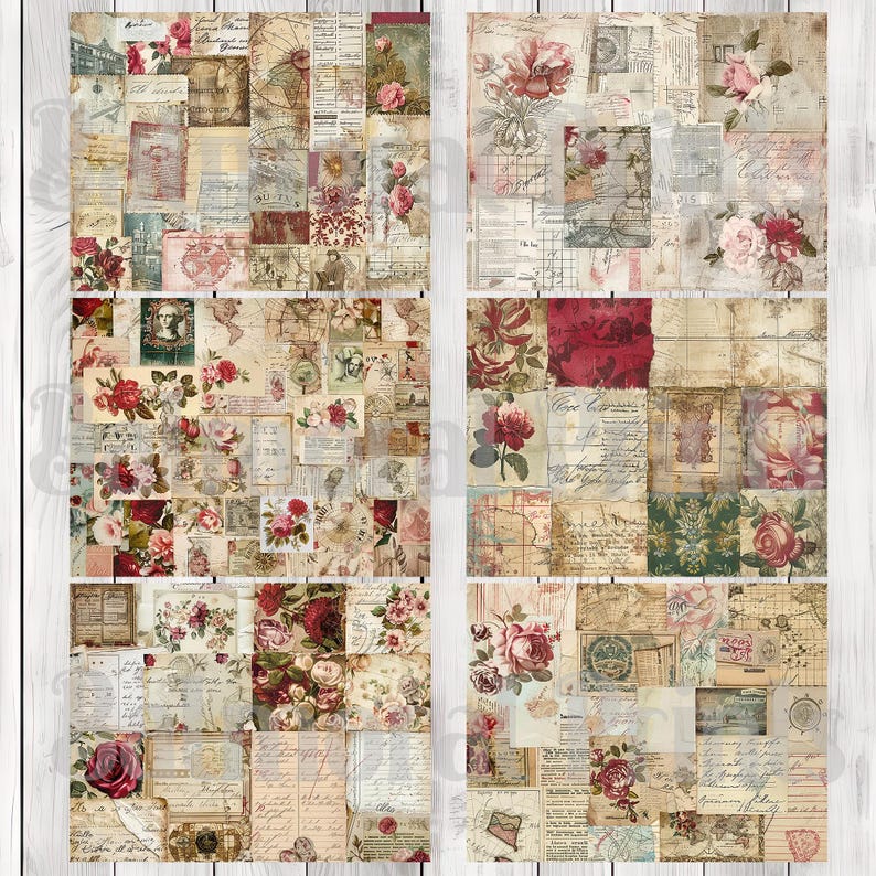 Shabby Chic Collage Red - Journal Paper Set, Junk Journal Pages, Junk Journal Paper, Printable Journal, Scrapbook Paper, Digital Paper