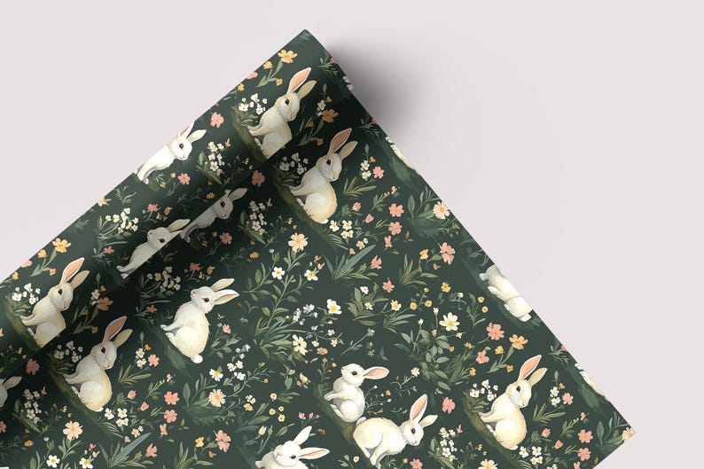 Bunnies on Dark Green - Seamless Pattern - Digital Paper - Printable Journal, Scrapbook Paper, Seamless