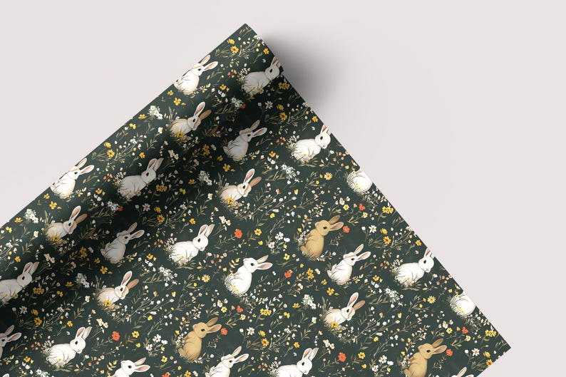 Bunnies on Dark Green - Seamless Pattern - Digital Paper - Printable Journal, Scrapbook Paper, Seamless