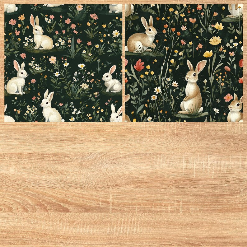 Bunnies on Dark Green - Seamless Pattern - Digital Paper - Printable Journal, Scrapbook Paper, Seamless
