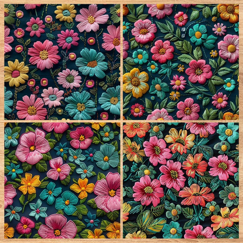Embroidered Flowers - Seamless Pattern - Digital Paper - Printable Journal, Scrapbook Paper, Seamless