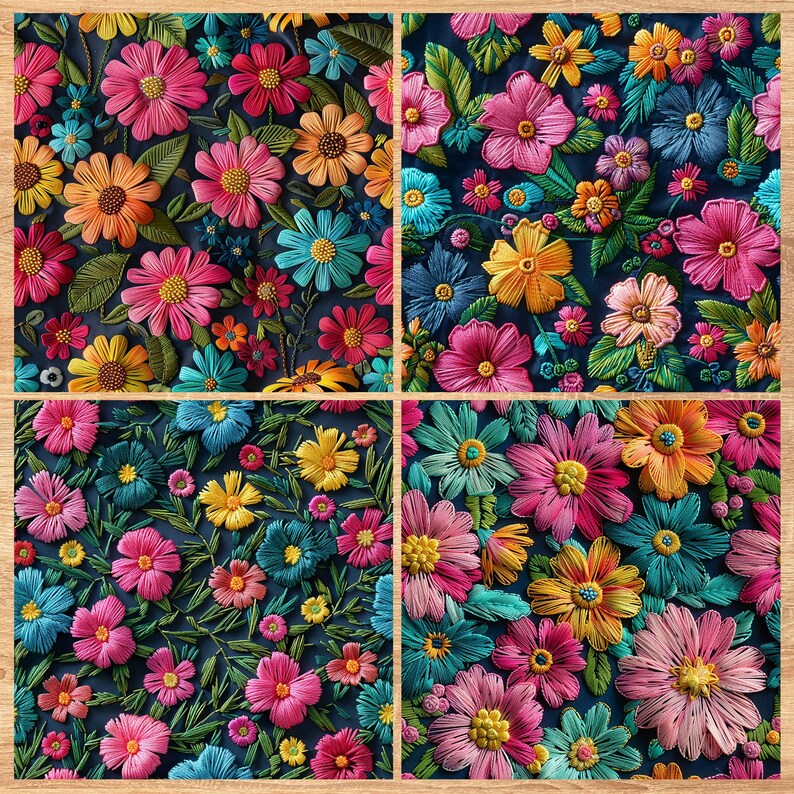 Embroidered Flowers - Seamless Pattern - Digital Paper - Printable Journal, Scrapbook Paper, Seamless