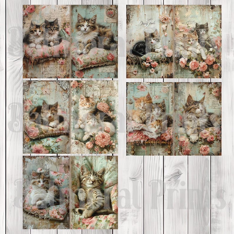 Shabby Chic Cats - Journal Paper Set, Junk Journal Pages, Flower, Journal Paper, Printable Journal, Scrapbook Paper, Digital Paper
