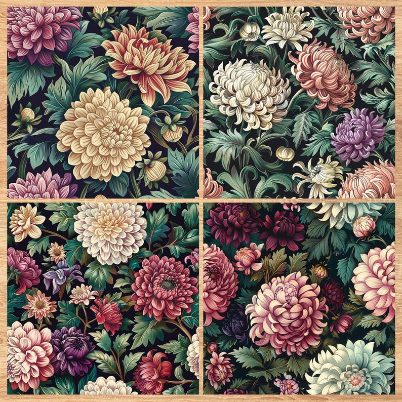 Chrysanthemums and Dahlia - Seamless Pattern - Digital Paper - Printable Journal, Scrapbook Paper, Seamless
