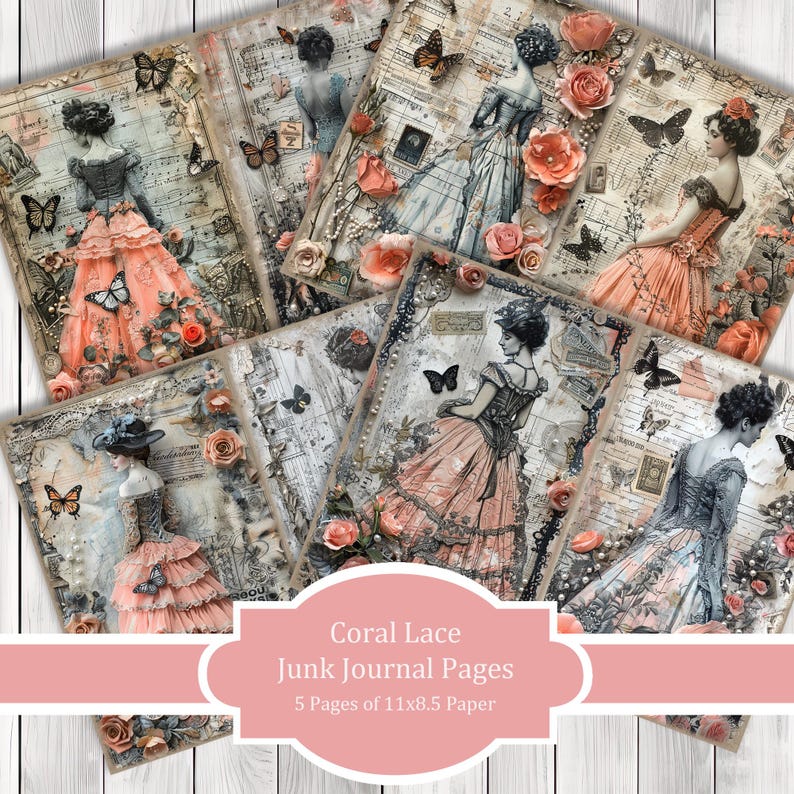 Coral Lace - Journal Paper Set, Junk Journal Pages, Flower, Journal Paper, Printable Journal, Scrapbook Paper, Digital Paper