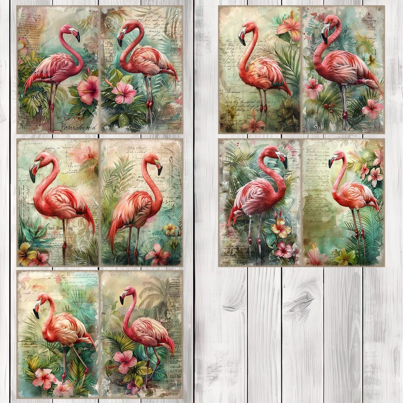 Flamingo - Junk Journal Pages, Journal Paper Set, Bird Junk Journal Paper, Printable Journal, Scrapbook Paper, Digital Paper