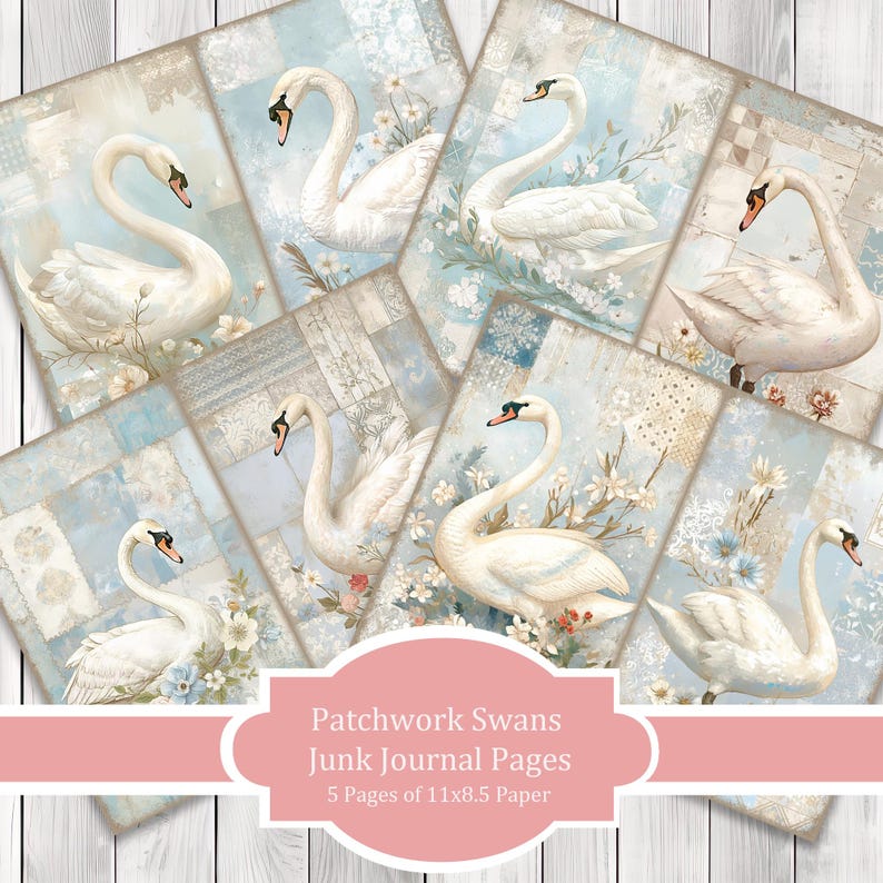 Patchwork Swans - Junk Journal Pages, Journal Paper Set, Birds, Journal Paper, Printable Journal, Scrapbook Paper, Digital Paper