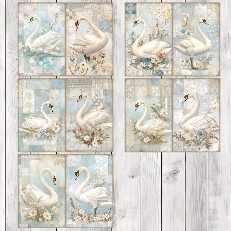 Patchwork Swans - Junk Journal Pages, Journal Paper Set, Birds, Journal Paper, Printable Journal, Scrapbook Paper, Digital Paper