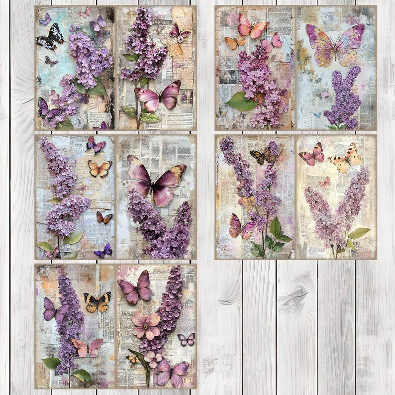 Butterflies and Lilac - Journal Paper Set, Junk Journal Pages, Flower Journal Paper, Printable Journal, Scrapbook Paper, Digital Paper
