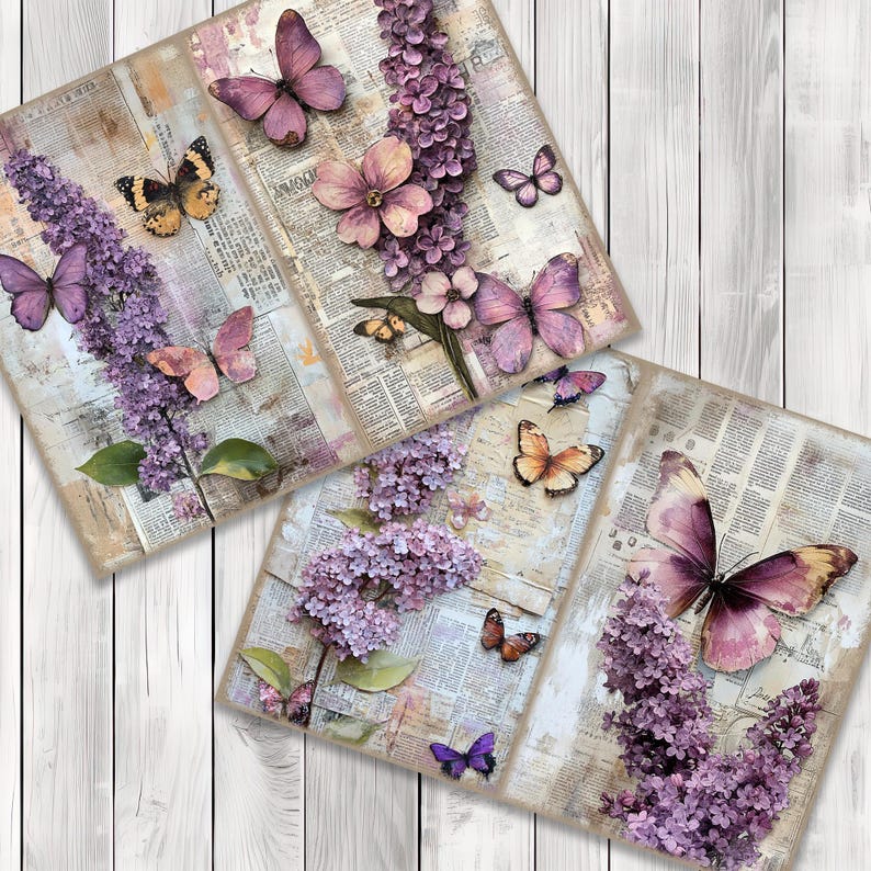 Butterflies and Lilac - Journal Paper Set, Junk Journal Pages, Flower Journal Paper, Printable Journal, Scrapbook Paper, Digital Paper