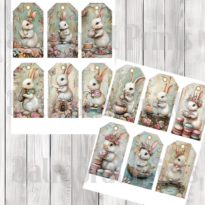 Springtime Bunny Tags - Collage Scrapbook - Junk Journal Tags - Ephemera Labels - Junk Journal Images Clip Art - Fussy Cut
