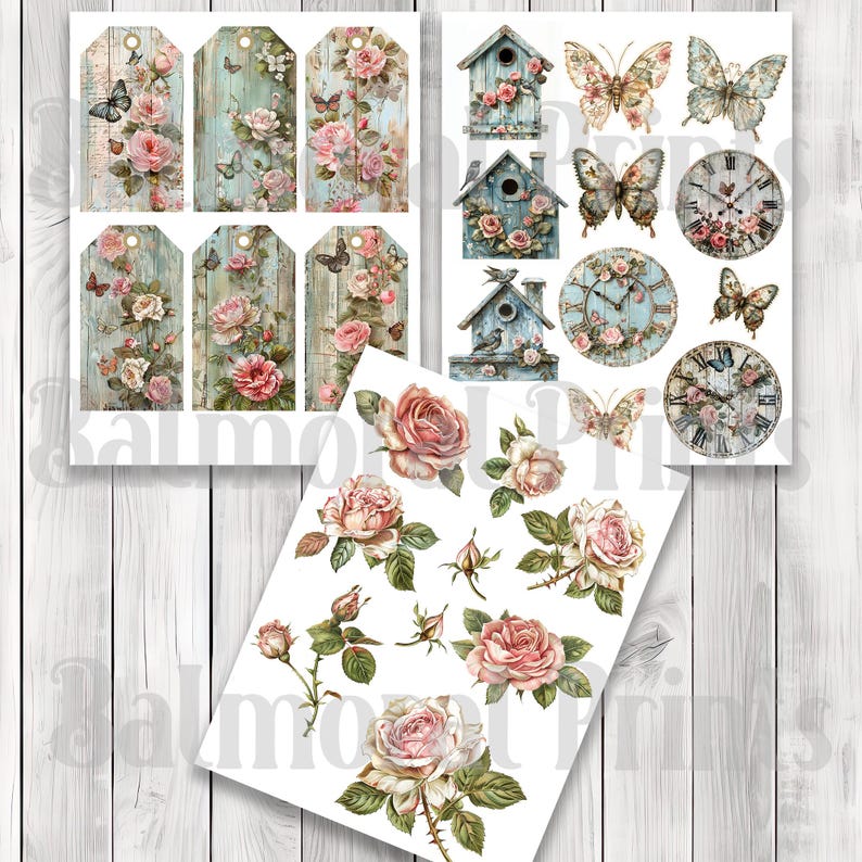 Shabby Chic Rose - Junk Journal Kit, Journal Pages, Papers, Ephemera, Tags, Printable, Scrapbook Kit, Digital Download