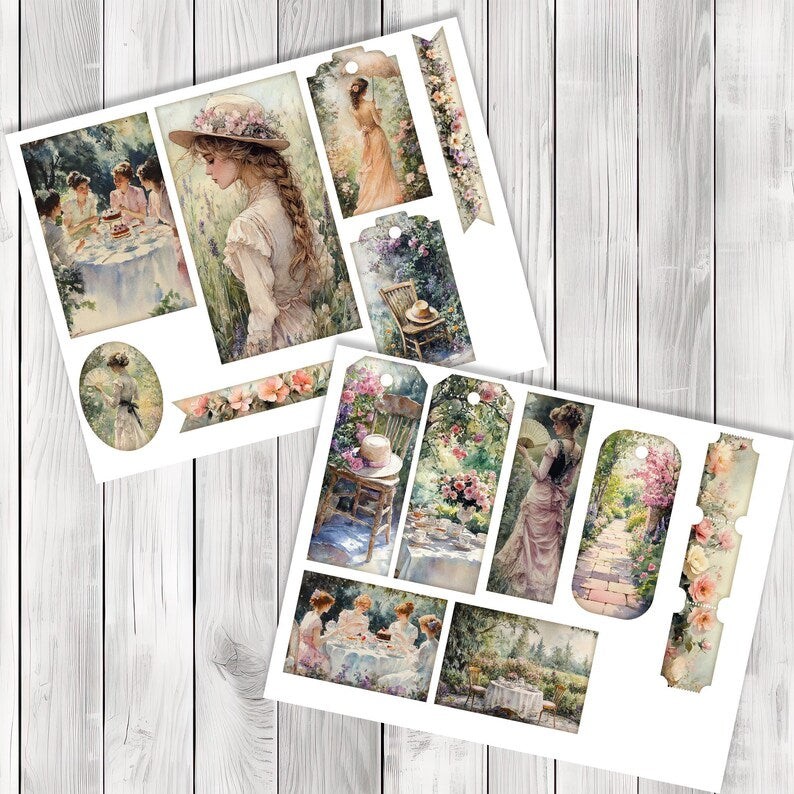 Garden Party Folio Kit - Journal Paper Set, Junk Journal Folio, Printable Journal, Scrapbook Paper, Vintage Birds