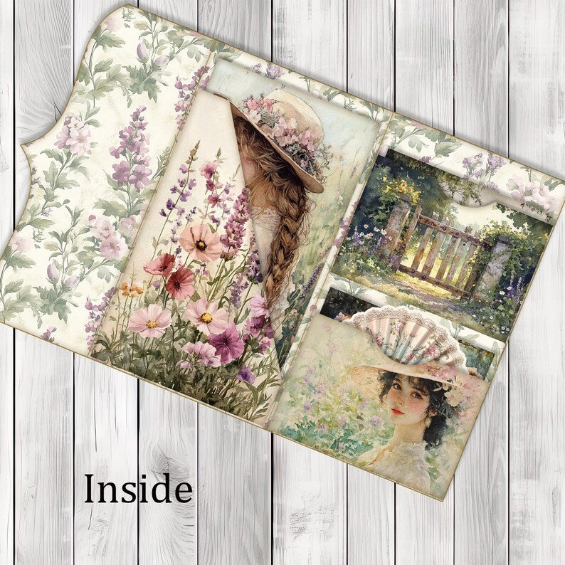 Garden Party Folio Kit - Journal Paper Set, Junk Journal Folio, Printable Journal, Scrapbook Paper, Vintage Birds