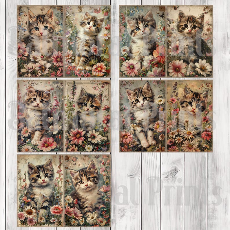 Vintage Kittens - Journal Paper Set, Junk Journal Pages, Flower Junk Journal Paper, Printable Journal, Scrapbook Paper, Digital Paper