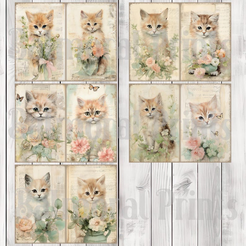 Victorian Kittens - Journal Paper Set, Junk Journal Pages, Flower Junk Journal Paper, Printable Journal, Scrapbook Paper, Digital Paper