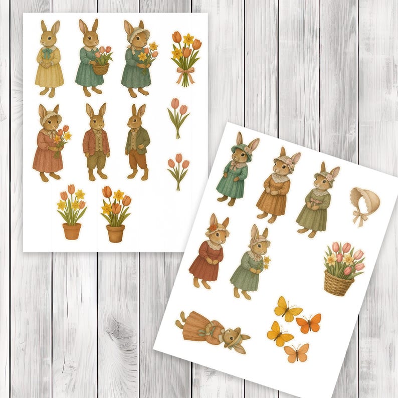 Bonnet Bunny Fussy Cuts - Junk Journal , Printable Journal, Junk Journal Tags, Junk Journal Ephemera