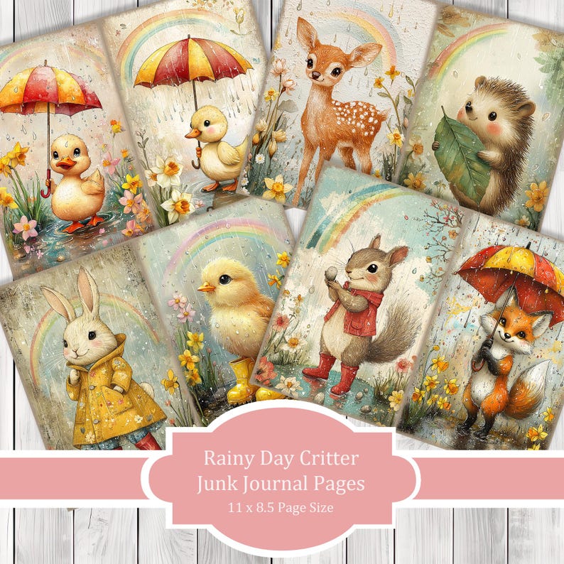 Rainy Day Critter - Journal Paper Set, Junk Journal Pages, Flower Junk Journal Paper, Printable Journal, Scrapbook Paper, Digital Paper