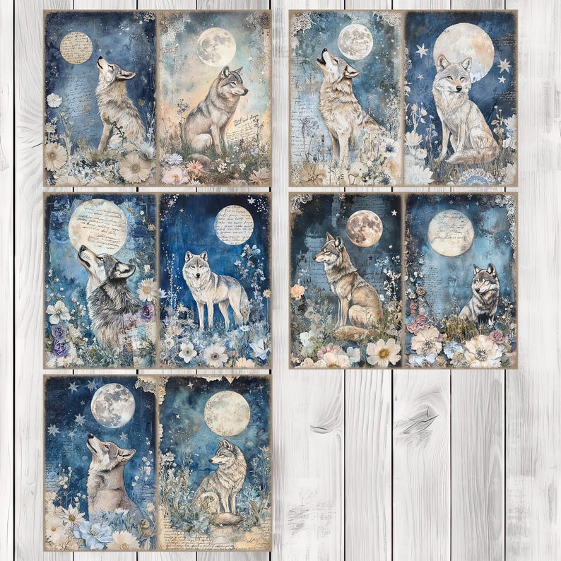Moonlit Wolf - Journal Paper Set, Junk Journal Pages, Flower Junk Journal Paper, Printable Journal, Scrapbook Paper, Digital Paper