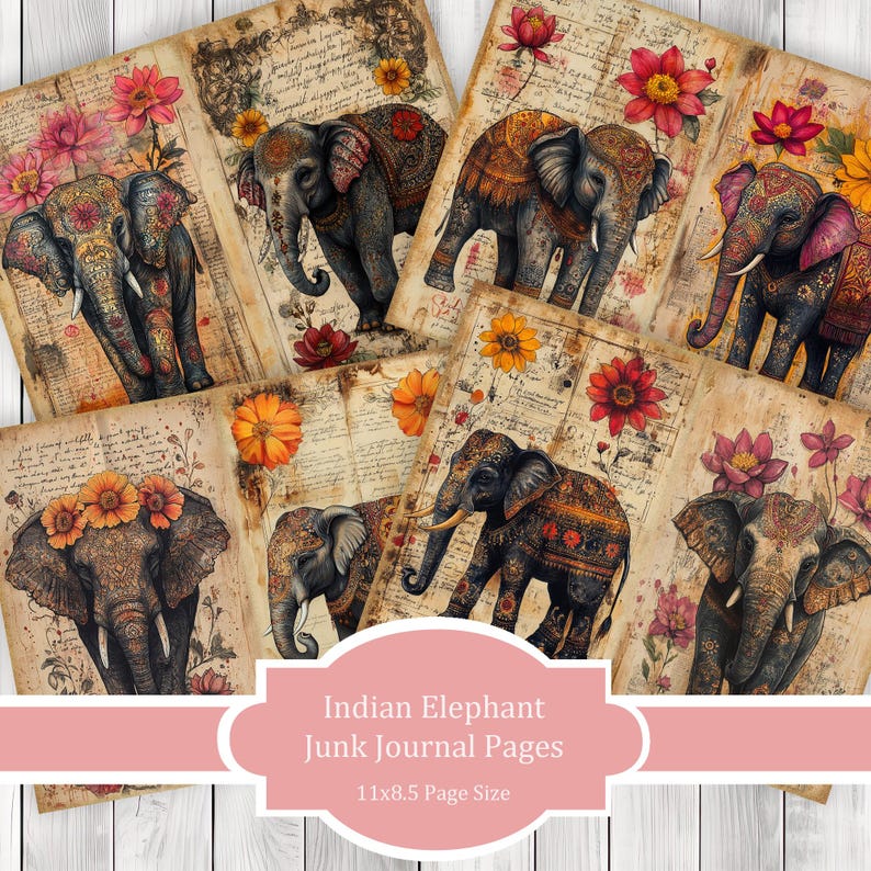 Indian Elephant - Junk Journal Pages, Journal Paper Set, Bird Junk Journal Paper, Printable Journal, Scrapbook Paper, Digital Paper