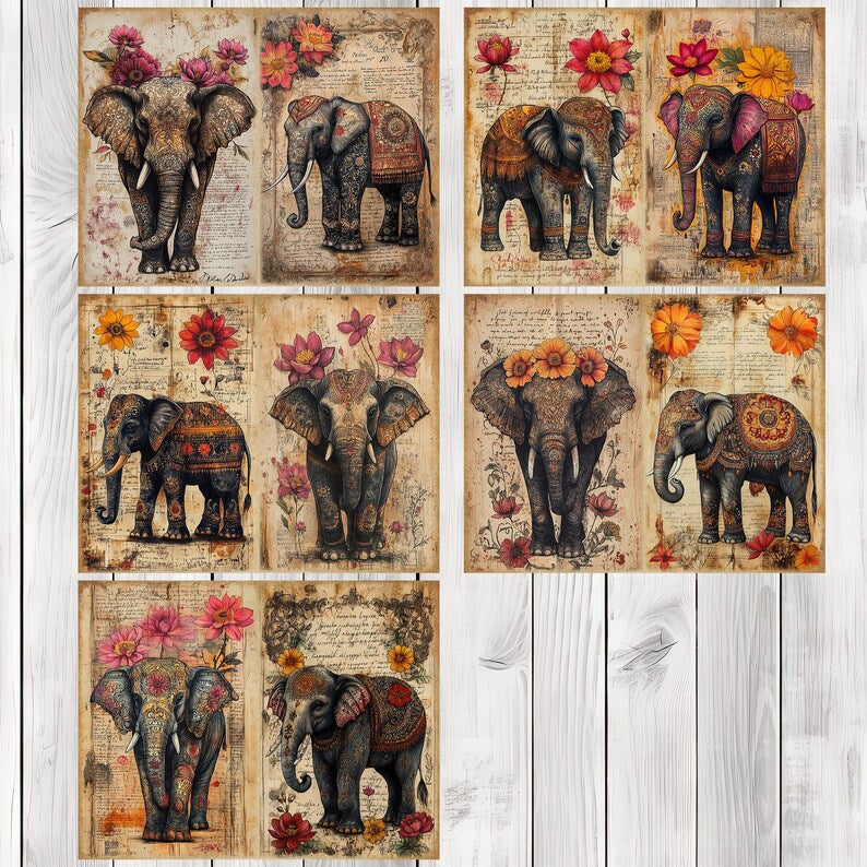 Indian Elephant - Junk Journal Pages, Journal Paper Set, Bird Junk Journal Paper, Printable Journal, Scrapbook Paper, Digital Paper