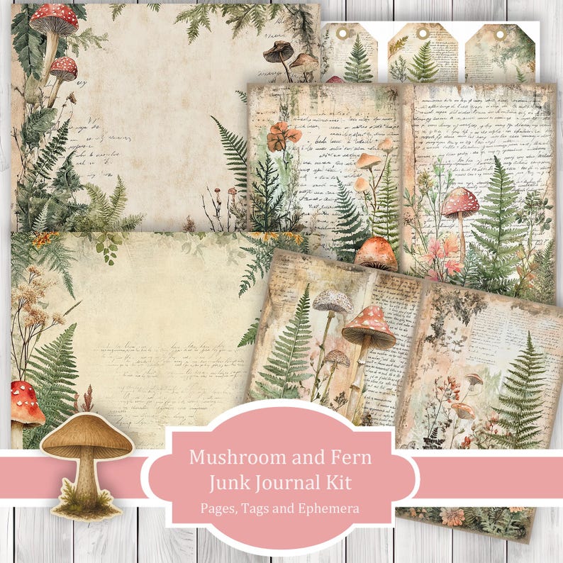 Mushroom And Fern - Junk Journal Kit, Journal Pages, Papers, Ephemera, Tags, Printable, Scrapbook Kit, Digital Download