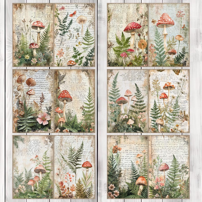 Mushroom And Fern - Junk Journal Kit, Journal Pages, Papers, Ephemera, Tags, Printable, Scrapbook Kit, Digital Download