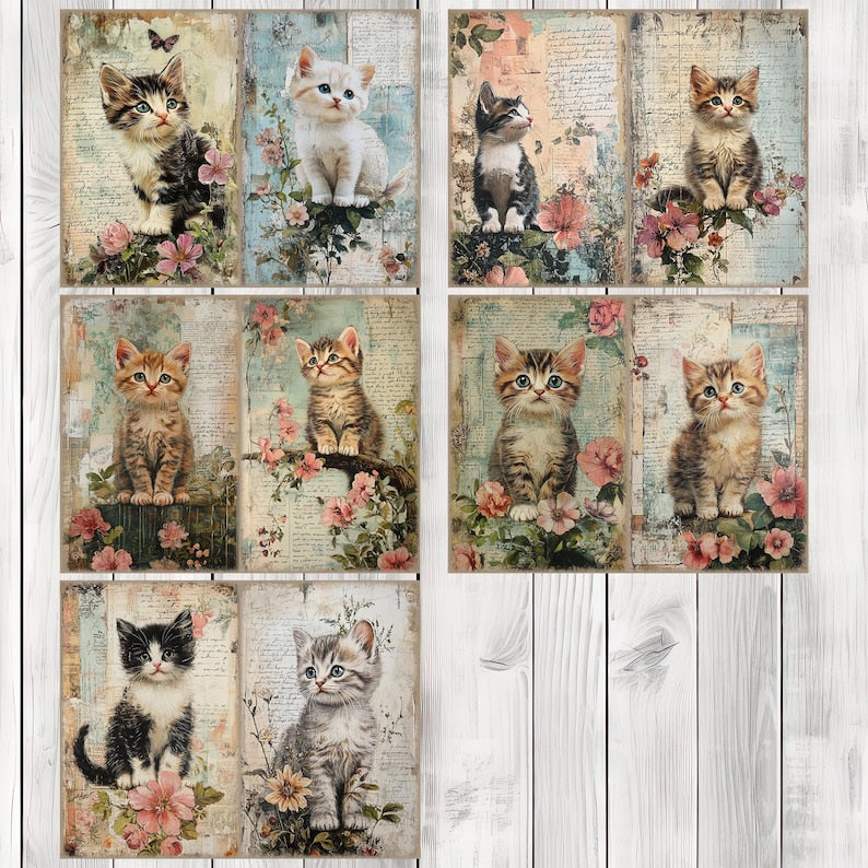 Decoupage Kitten - Journal Paper Set, Junk Journal Pages, Flower Junk Journal Paper, Printable Journal, Scrapbook Paper, Digital Paper