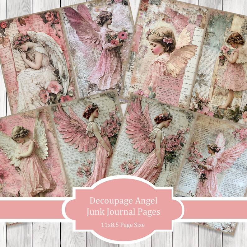 Decoupage Angel (Pink) - Journal Paper Set, Junk Journal Pages, Junk Journal Paper, Printable Journal, Scrapbook Paper, Digital Paper