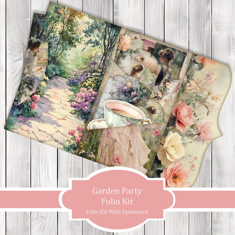Garden Party Folio Kit - Journal Paper Set, Junk Journal Folio, Printable Journal, Scrapbook Paper, Vintage Birds