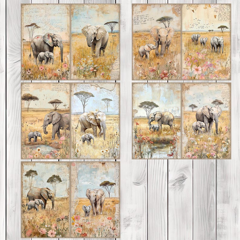 Elegant Elephant - Journal Paper Set, Junk Journal Pages, Flower Junk Journal Paper, Printable Journal, Scrapbook Paper, Digital Paper