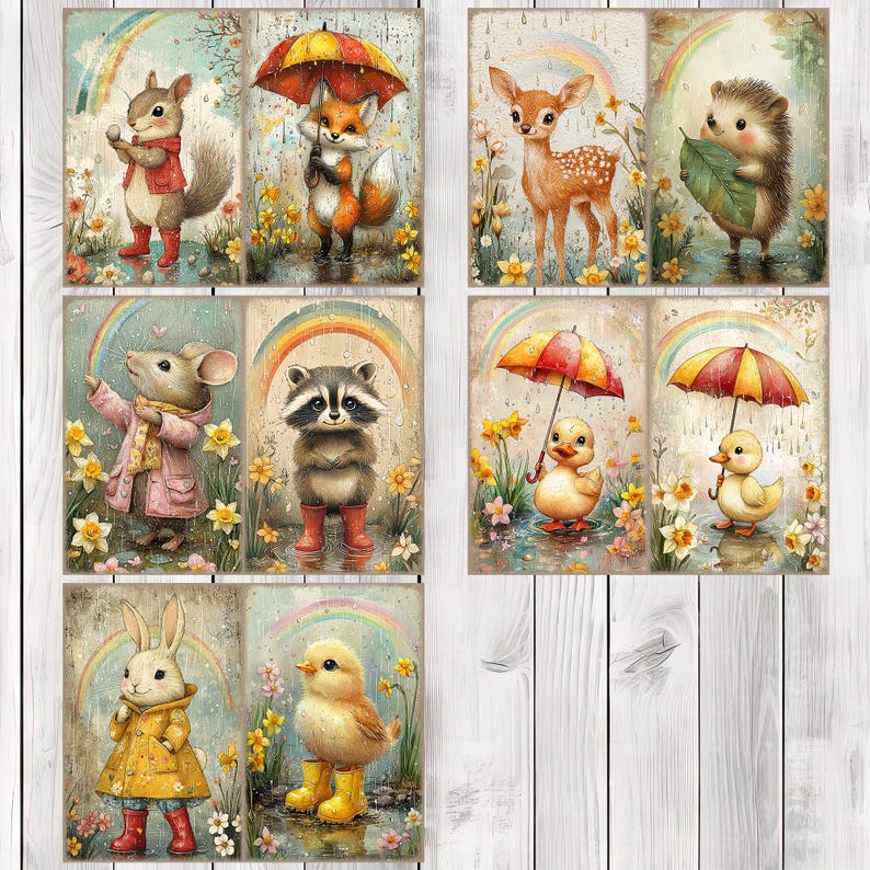 Rainy Day Critter - Journal Paper Set, Junk Journal Pages, Flower Junk Journal Paper, Printable Journal, Scrapbook Paper, Digital Paper