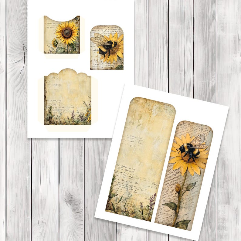 Sunflower and Bee Tall Pocket Tag Kit - Botanical - Loaded Tags | Ephemera Labels | Paper Craft | Junk Journal Images Clip Art | Fussy Cut