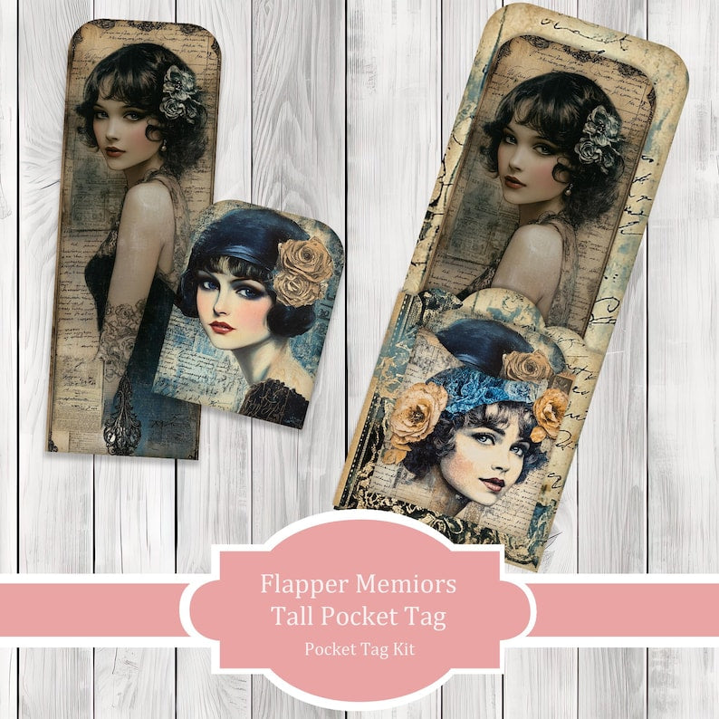 Flapper Memoirs Tall Pocket Tag Kit - Botanical - Loaded Tags | Ephemera Labels | Paper Craft | Junk Journal Images Clip Art | Fussy Cut