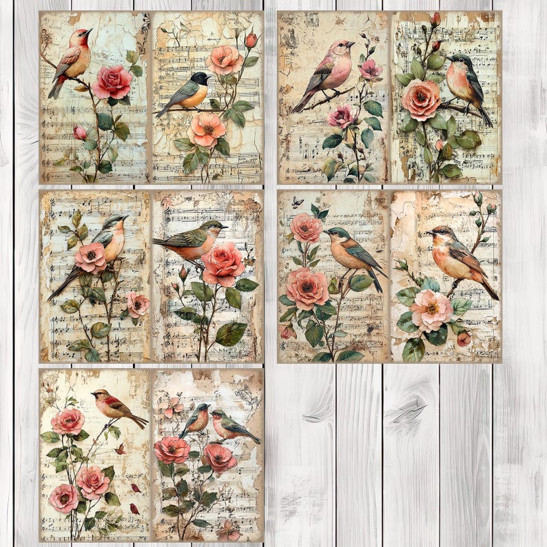 Botanical Bird - Journal Paper Set, Junk Journal Pages, Flower Junk Journal Paper, Printable Journal, Scrapbook Paper, Digital Paper