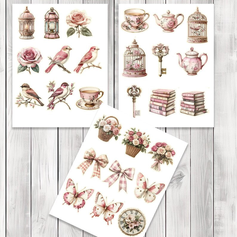 Dusty Rose Fussy Cuts - Junk Journal , Printable Journal, Junk Journal Tags, Junk Journal Ephemera