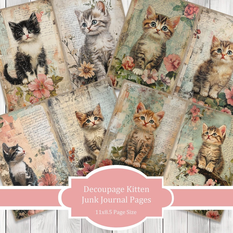 Decoupage Kitten - Journal Paper Set, Junk Journal Pages, Flower Junk Journal Paper, Printable Journal, Scrapbook Paper, Digital Paper