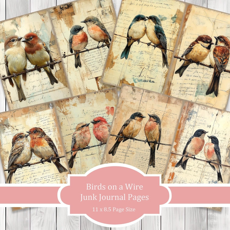 Birds on a Wire - Journal Paper Set, Junk Journal Pages, Flower Junk Journal Paper, Printable Journal, Scrapbook Paper, Digital Paper