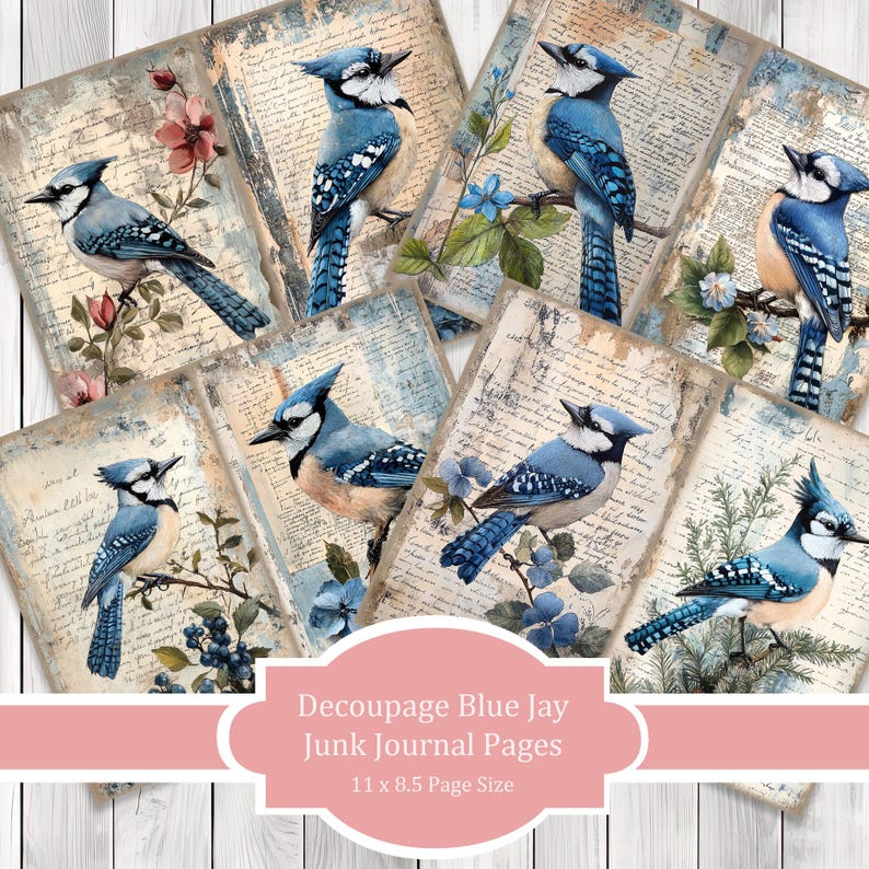 Decoupage Blue Jay - Journal Paper Set, Junk Journal Pages, Flower Junk Journal Paper, Printable Journal, Scrapbook Paper, Digital Paper