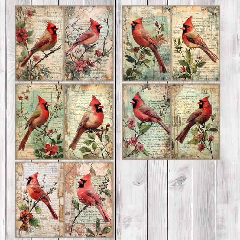 Decoupage Cardinal - Journal Paper Set, Junk Journal Pages, Flower Junk Journal Paper, Printable Journal, Scrapbook Paper, Digital Paper