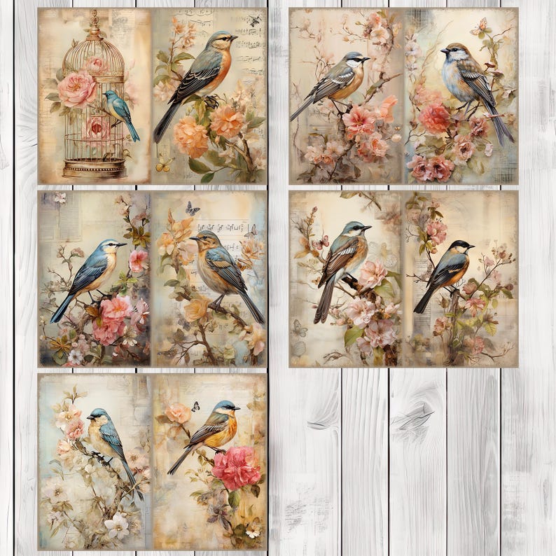 Floral Bird - Junk Journal Pages, Journal Paper Set, Bird Junk Journal Paper, Printable Journal, Scrapbook Paper, Digital Paper