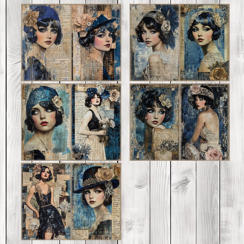 Flapper Memoirs (Blue) - Journal Paper Set, Junk Journal Pages, Flower, Journal Paper, Printable Journal, Scrapbook Paper, Digital Paper
