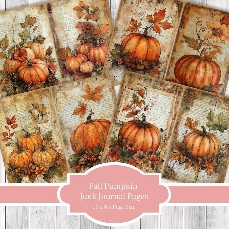 Fall Pumpkin - Journal Paper Set, Junk Journal Pages, Flower Junk Journal Paper, Printable Journal, Scrapbook Paper, Digital Paper